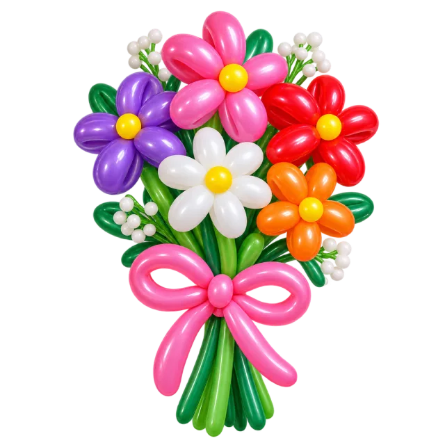 Twisted balloons form multicolored flowers with green stems tied by a bright pink balloon bow