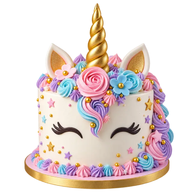 A white unicorn cake with closed eyes, gold horn, ears and pastel frosting flowers on a gold board