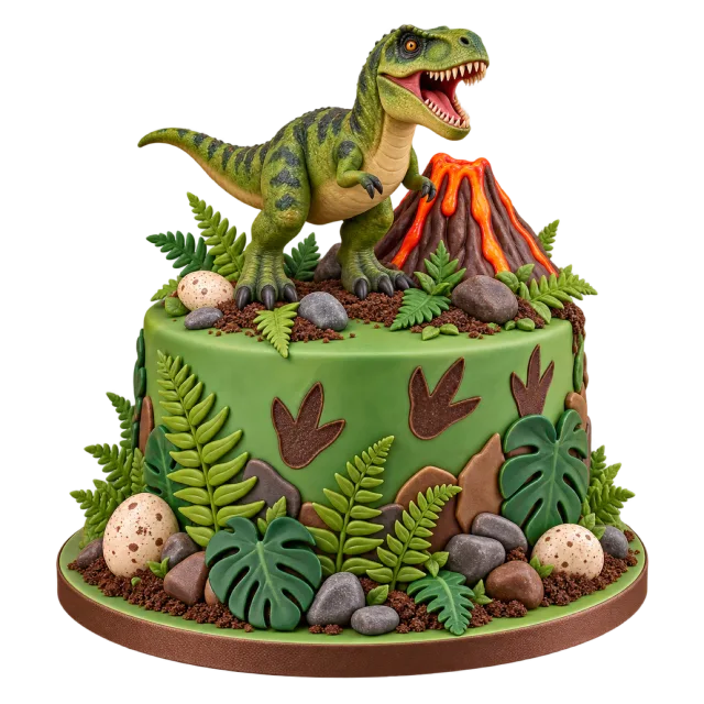 A green cake decorated with a dinosaur, volcano, ferns, rocks and speckled eggs
