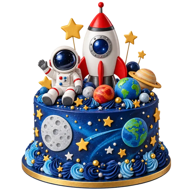 A dark blue cake with planets and stars, topped with a rocket and a small astronaut figure