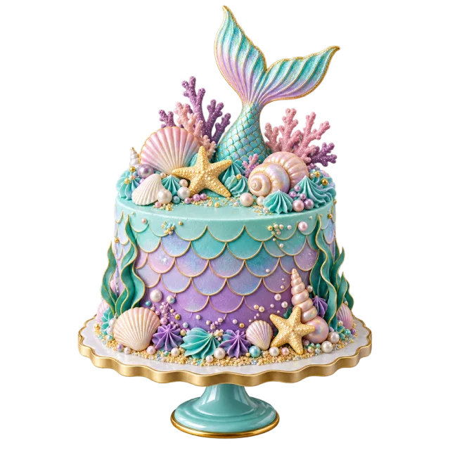 A pastel scale-patterned cake topped with a mermaid tail, coral-like decorations and shells on a turquoise stand