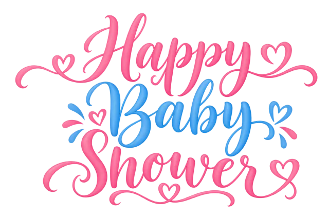 Happy Baby Shower in rose pink and sky blue, gentle rounded brush calligraphy on a transparent background