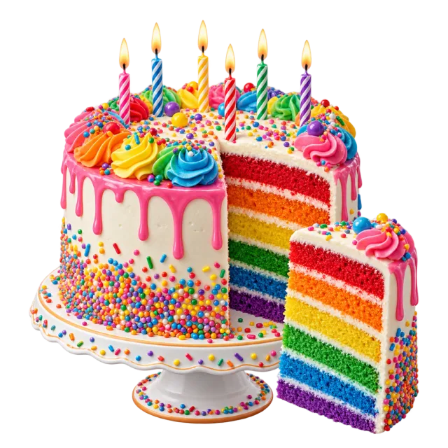 A sprinkled white cake with pink drips and rainbow frosting, with a slice removed to reveal colorful layers