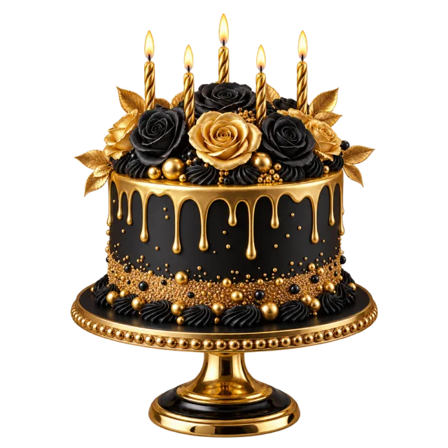 A black cake with gold drips, black and gold roses and lit candles on an ornate gold stand