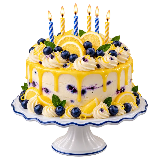 A white cake with yellow drips, lemon slices, blueberries and striped birthday candles