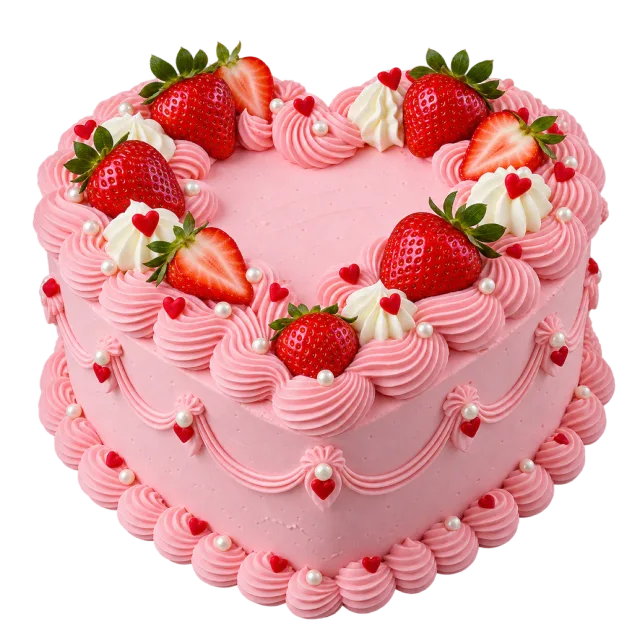 A pink heart-shaped cake with piped borders, cream swirls and strawberry decorations