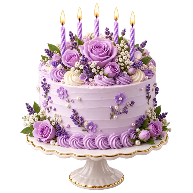 A pale lavender cake topped with purple roses and candles, with small flowers around the sides and base