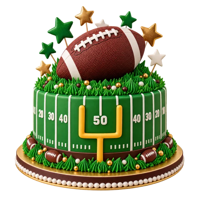 A green football-field cake with yard markings, a brown American football topper and green and gold stars