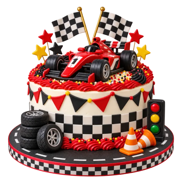 A racing cake with black-and-white checks, a red race car, tires, traffic lights and checkered flags