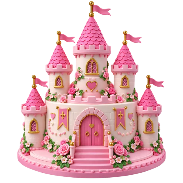 A pink castle-shaped cake with towers, pointed roofs, small flags and floral decorations
