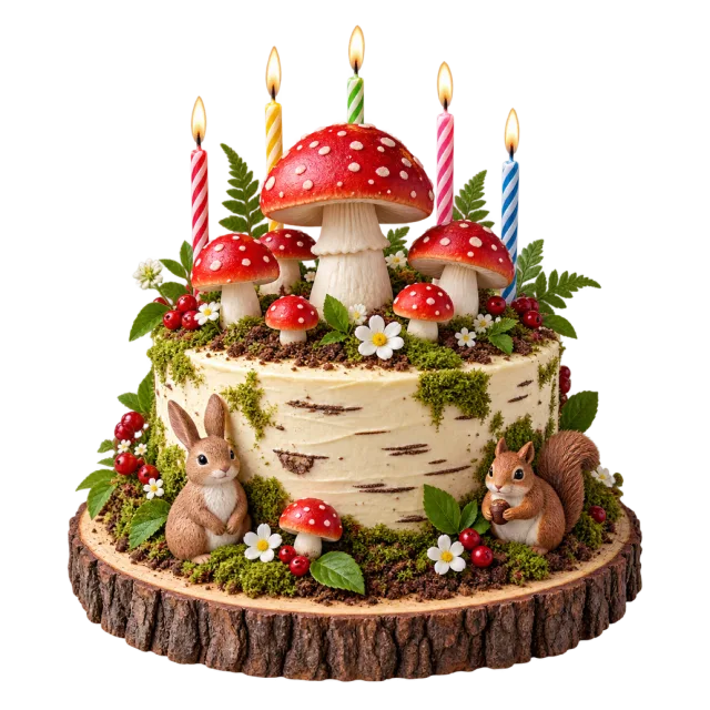 A birch-textured cake on a wood-style base with red mushrooms, woodland animals, greenery and candles