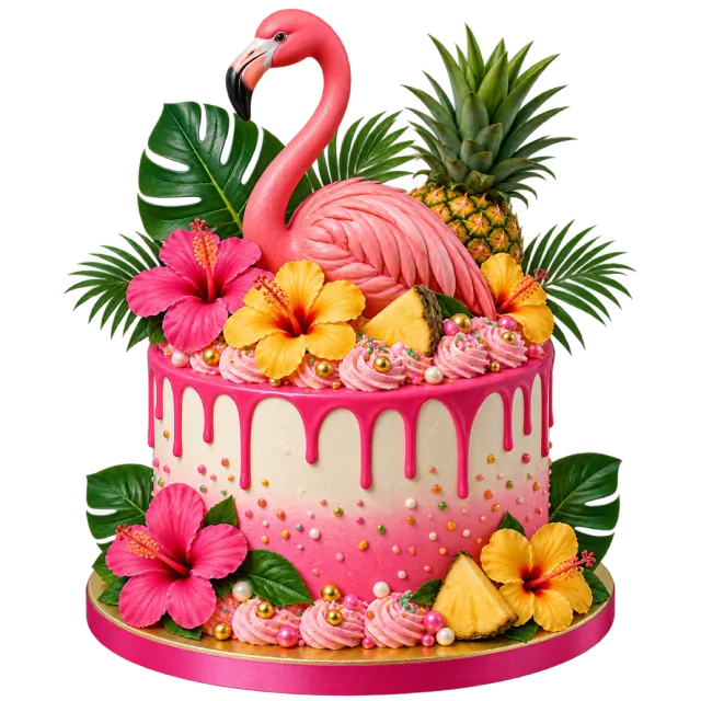 A pink drip cake topped with a flamingo, pineapple, tropical leaves and bright flowers