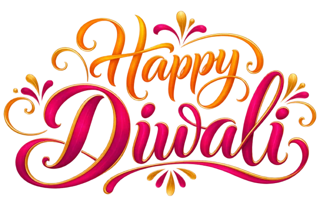 Happy Diwali in saffron orange and vivid magenta with gold accents, festive flowing calligraphy on a transparent background