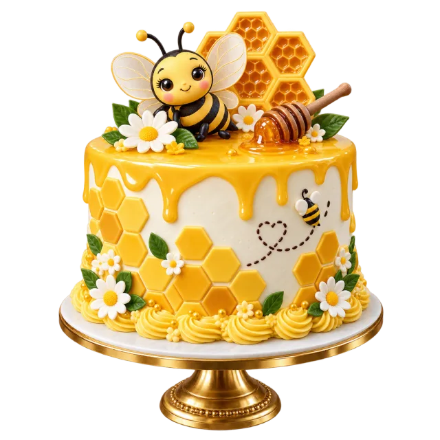 A yellow and white cake decorated with a smiling bee, honeycomb shapes, daisies and a honey dipper