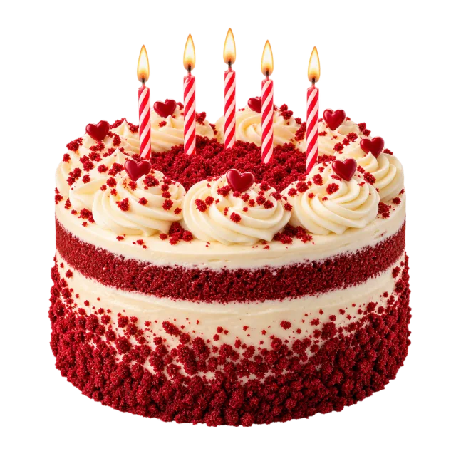 A red layered cake with white frosting bands, cream rosettes, red crumbs and striped candles