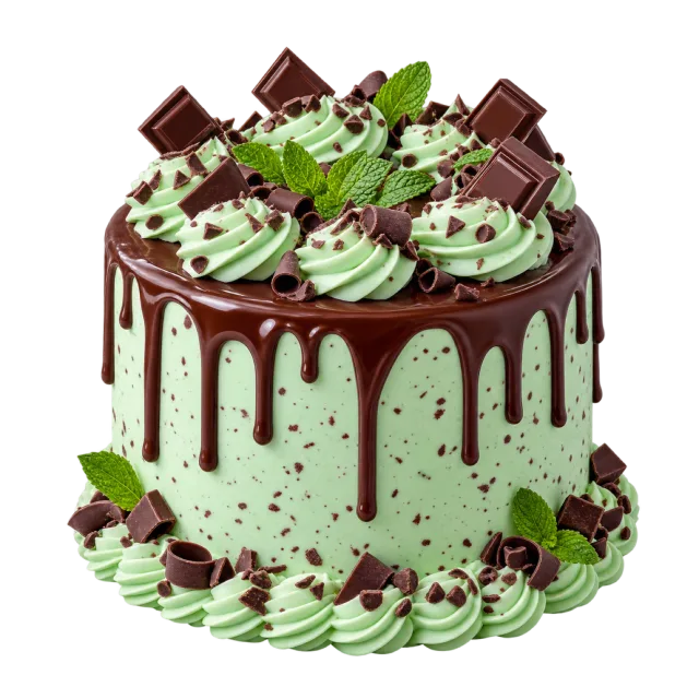 A mint green cake with dark chocolate drips, frosting swirls, mint leaves and chocolate pieces