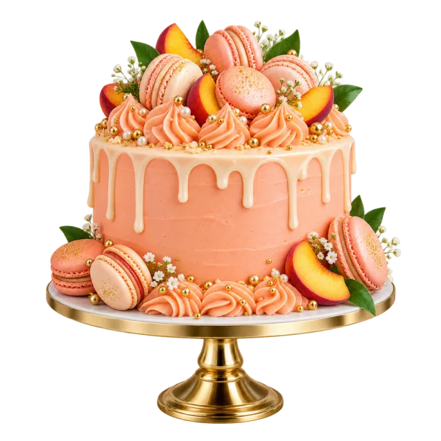 A peach-colored drip cake decorated with peach slices, matching macarons, frosting swirls and candles