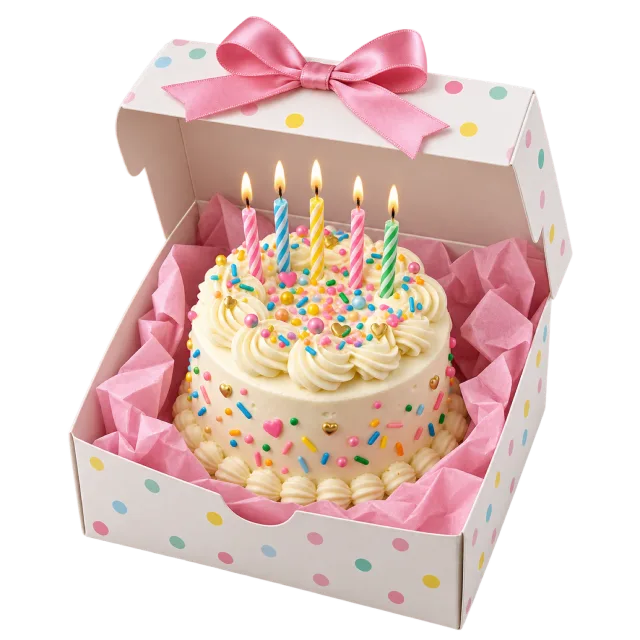 A small sprinkled birthday cake with lit candles in an open pastel box lined with pink tissue