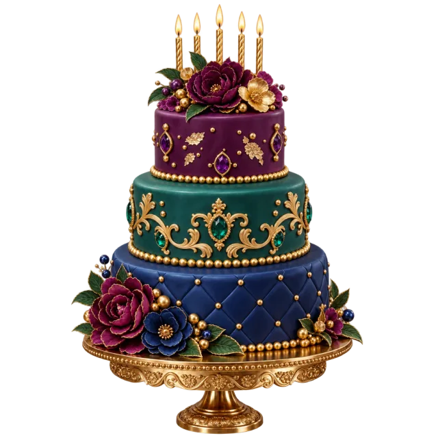 A three-tier cake in purple, teal and navy with gold ornamentation, flowers and lit candles