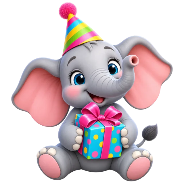 A smiling gray baby elephant wearing a striped party hat and holding a colorful ribbon-wrapped present