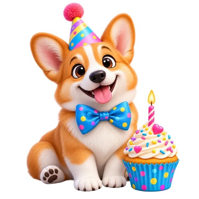 A cheerful brown and white corgi in a party hat and blue bow tie beside a cupcake with a lit candle