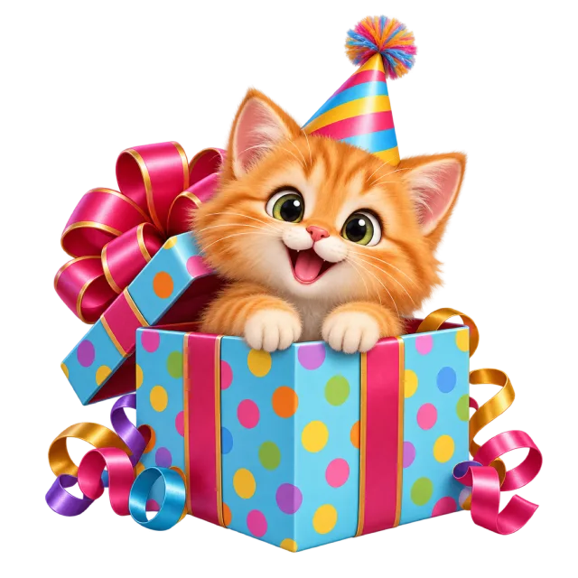An orange kitten wearing a party hat peeks from a colorful polka dot gift box beside a pink bow