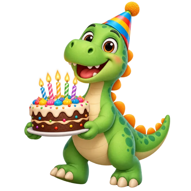 A smiling green dinosaur in a striped party hat holds a chocolate cake topped with lit candles