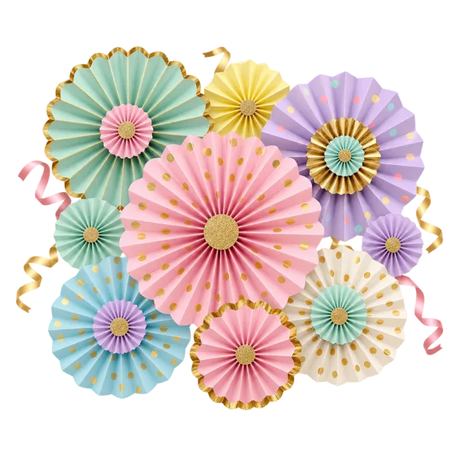 Overlapping pastel paper rosettes in pink, mint, yellow and lavender with small decorative centers