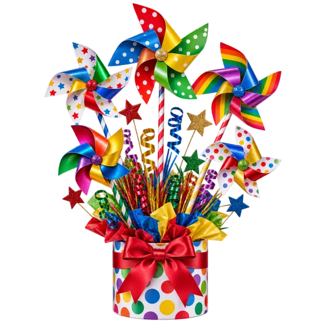 A polka dot container with a red bow holds bright pinwheels, stars and patterned paper decorations