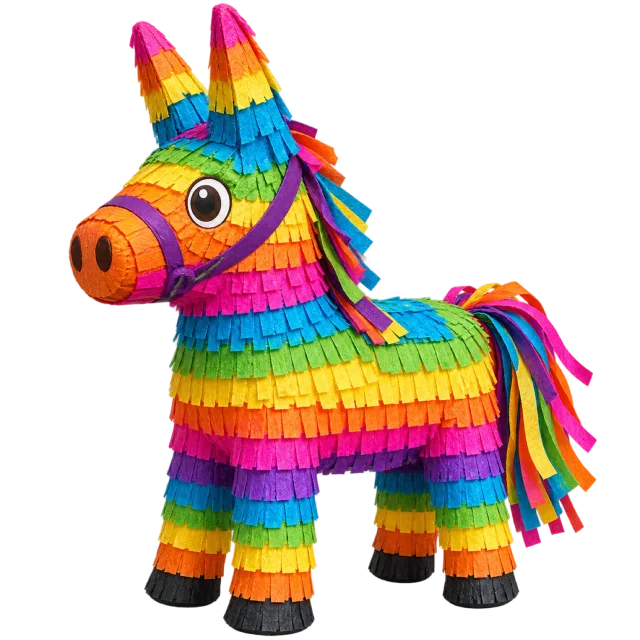 A donkey-shaped pinata covered in layered rainbow fringe with pointed ears and a multicolored tail
