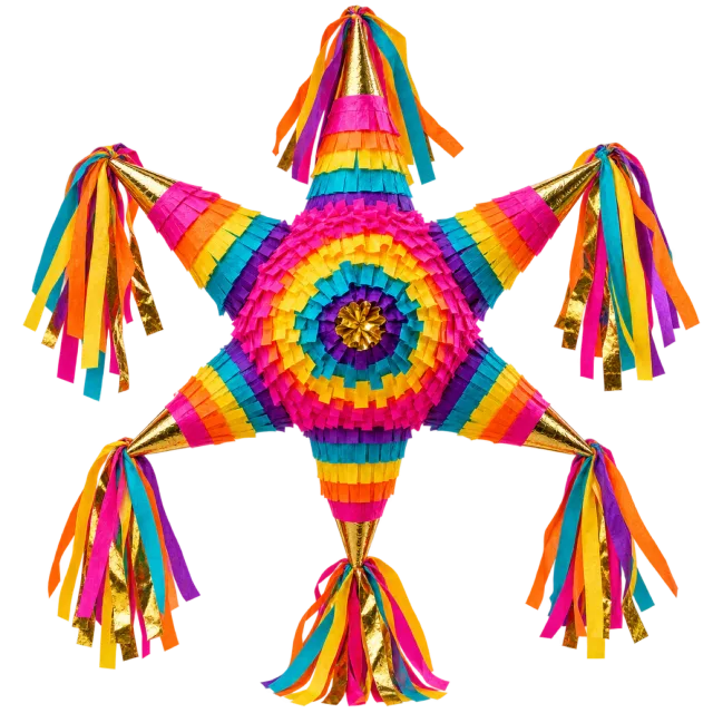 A five-pointed star pinata with rainbow fringe and long multicolored ribbon tassels
