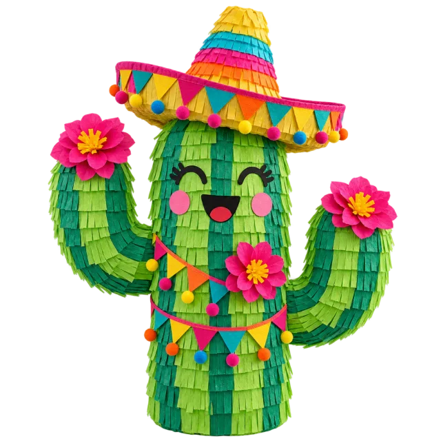 A smiling green cactus pinata with pink flowers and a brightly colored striped sombrero