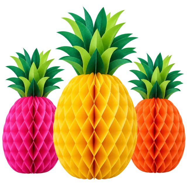 Three honeycomb paper pineapples in pink, yellow and orange with pointed green paper leaves