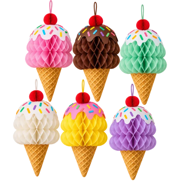 Six hanging ice cream cone decorations with colorful honeycomb scoops, cherries and brown paper cones