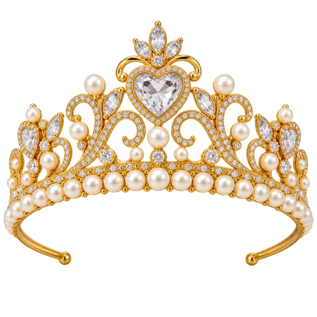 An ornate gold-colored tiara with pearl-like trim, sparkling stones and a heart-shaped center