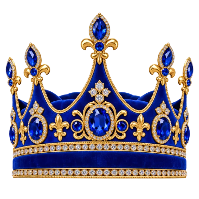 A royal blue crown with gold-colored filigree, blue jewel-like stones and pointed ornamental tips