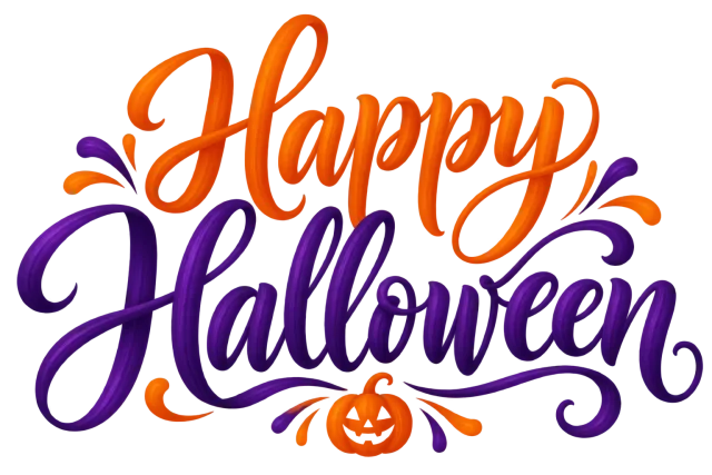 Happy Halloween in pumpkin orange and deep purple, playful expressive brush calligraphy on a transparent background