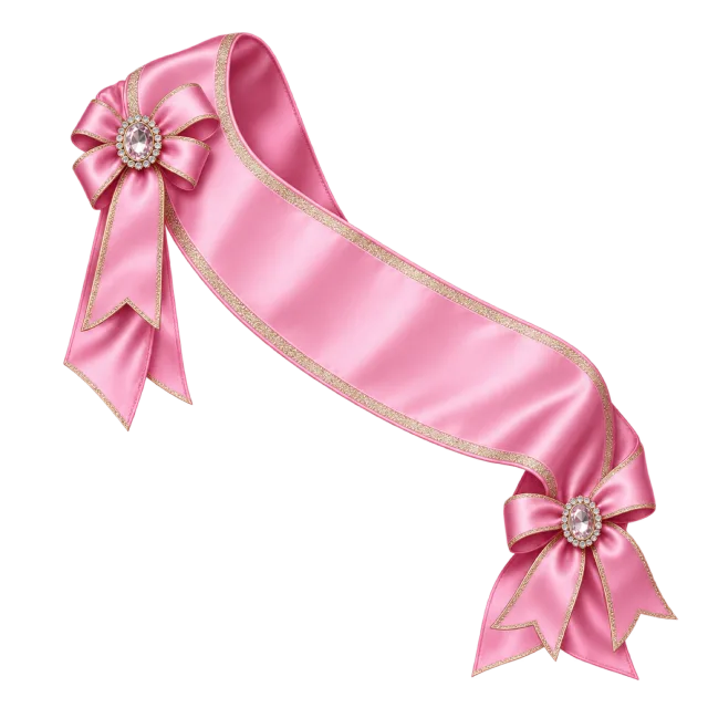 A draped pink satin-style sash with a blank center, matching bows and jewel-like accents