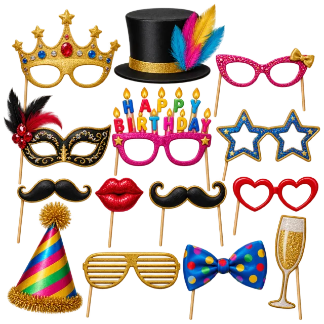 Party photo props including masks, novelty glasses, a top hat, mustaches, lips, a bow tie and a birthday sign