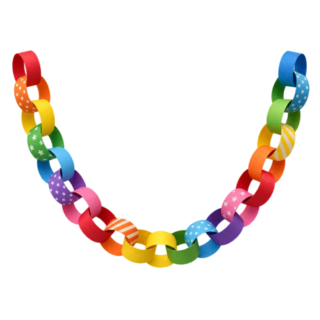 A curved garland of interlocking paper loops in red, orange, yellow, green, blue and purple
