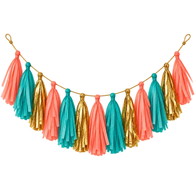 A hanging string of alternating coral, teal and gold-colored tassels