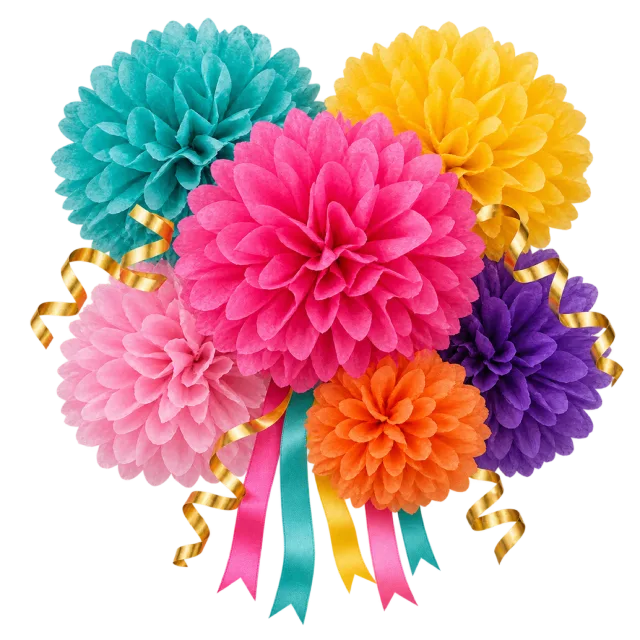A cluster of layered tissue paper flowers in turquoise, pink, yellow, purple and orange with ribbon tails