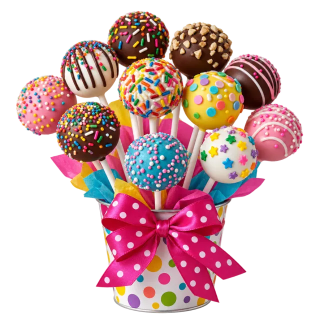 Colorfully coated cake pops with sprinkles arranged in a polka dot container and tied with a pink bow
