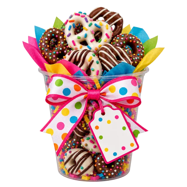 A cup filled with chocolate-coated pretzels, colorful sprinkles and bright tissue, wrapped with a dotted bow