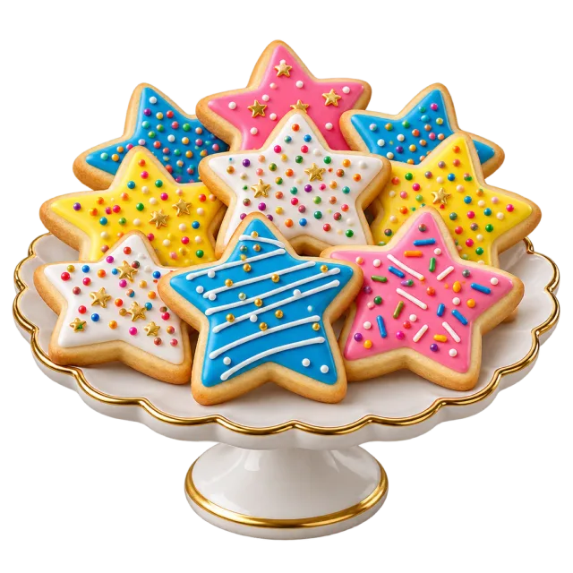 Star-shaped cookies with colorful icing, piped patterns and sprinkles on a white scalloped stand