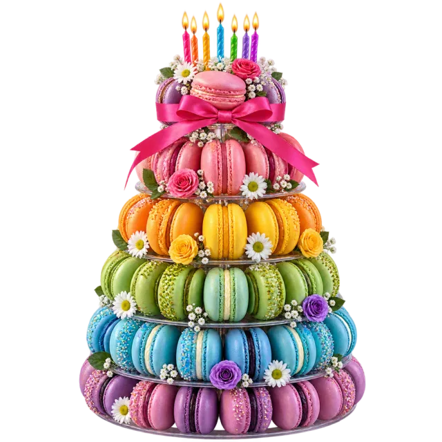 A tiered tower of colorful macarons with ribbon accents and a small candle-topped cake at the top