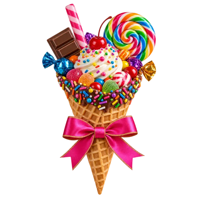 A waffle cone overflowing with candy, a rainbow lollipop and chocolate, decorated with a pink bow