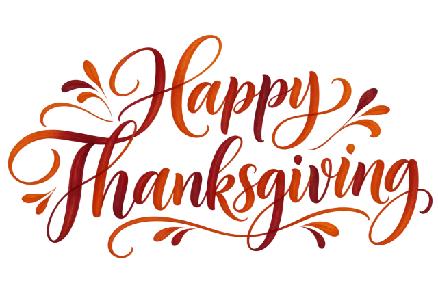 Happy Thanksgiving in copper orange and burgundy, warm graceful brush calligraphy on a transparent background