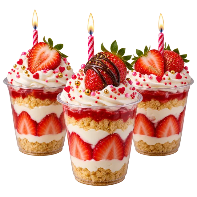 Three layered strawberry dessert cups topped with cream, berries, sprinkles and birthday candles