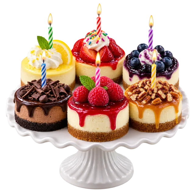 An assortment of small cheesecakes with fruit, chocolate and cream toppings on a white cake stand